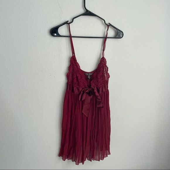 Victoria's Secret Burgundy Pleated Bow Babydoll Flyaway Lace Slip Vintage Dress - Picture 11 of 13